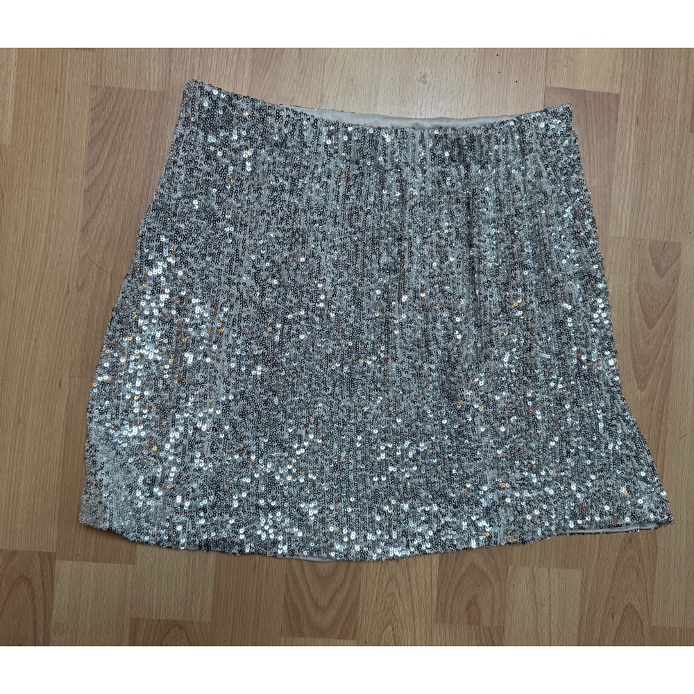Rewind Silver Sequin Elastic Waist Mini Skirt Sz M Y2K Sparkly Glam Festival